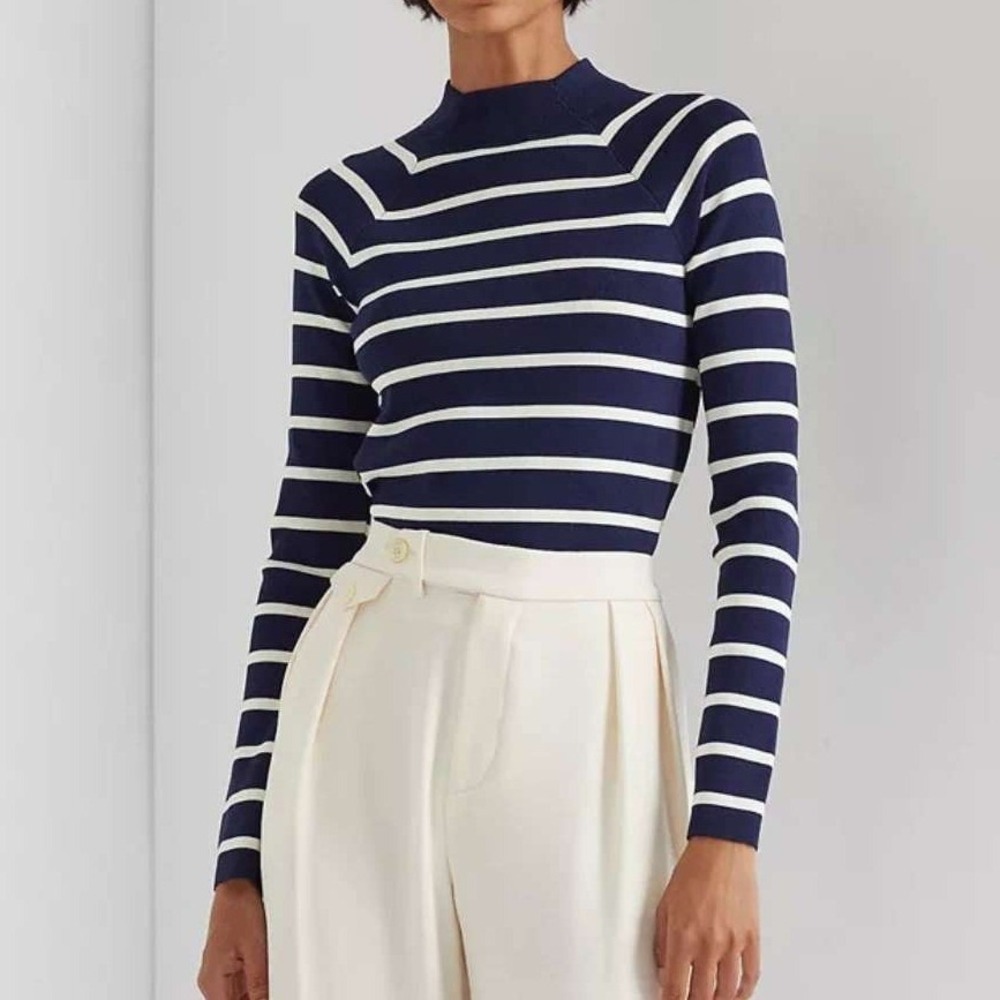 Lauren Ralph Lauren Navy White Striped Mock Neck Sweater Small Preppy Coastal